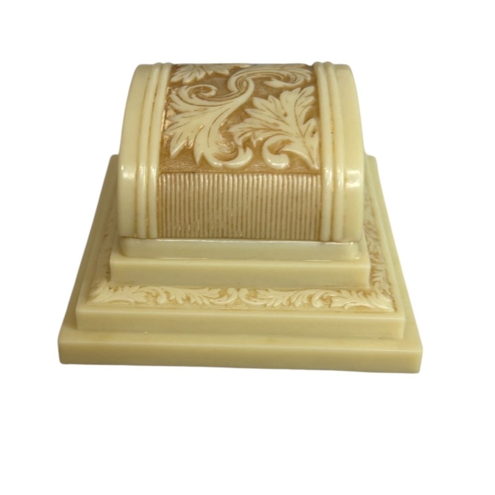 Vintage Art Deco Celluloid Ring Box Ornate Embossed Scroll Cream  Made in USA